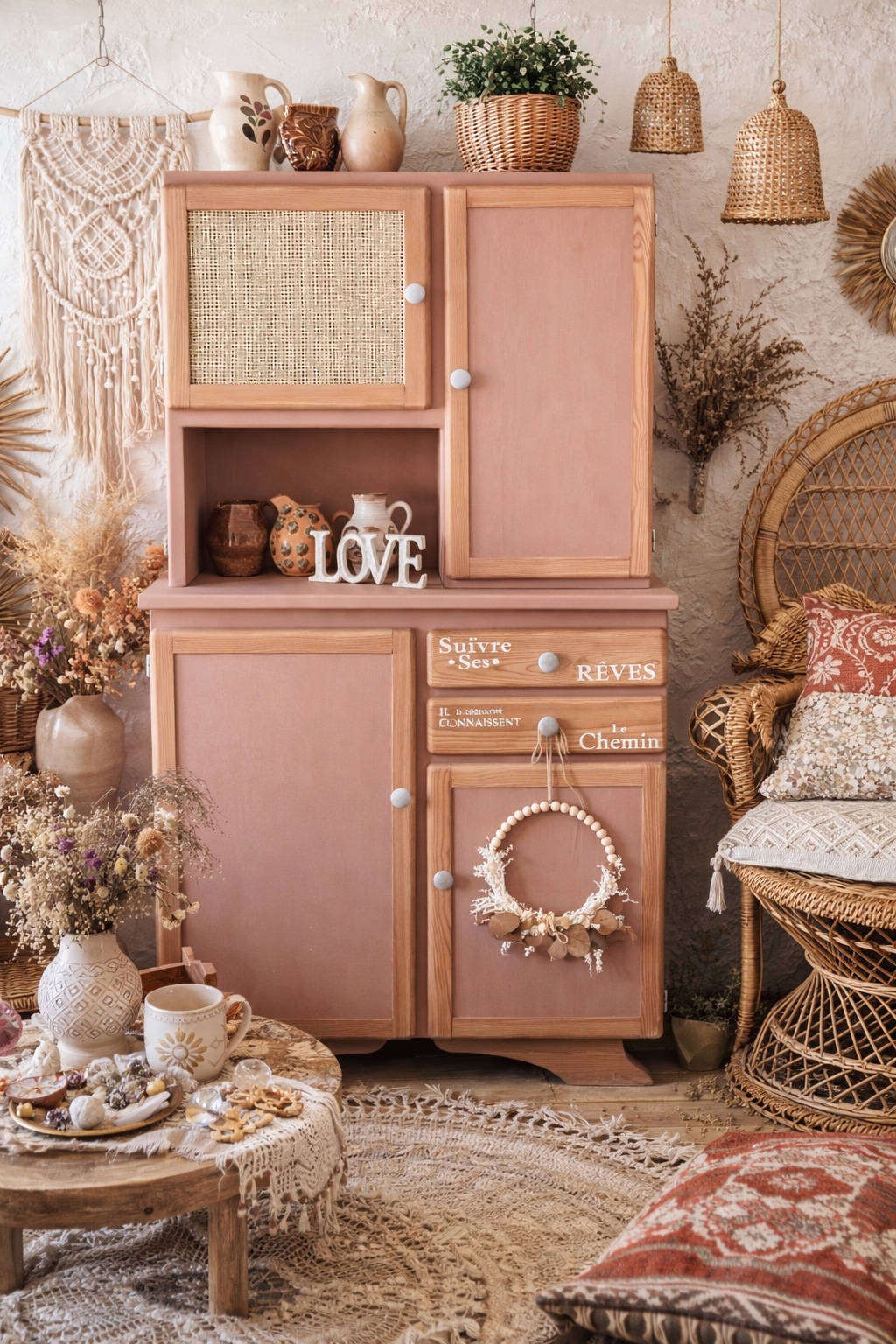 Buffet MADO  BOHEME terracotta rotin  meuble vintage relooke style artisanal