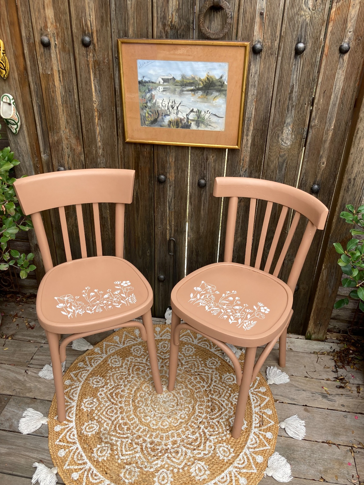 Lot de 2 chaises bistrot bohème terracotta / fleurs  meuble vintage relooke style artisanal
