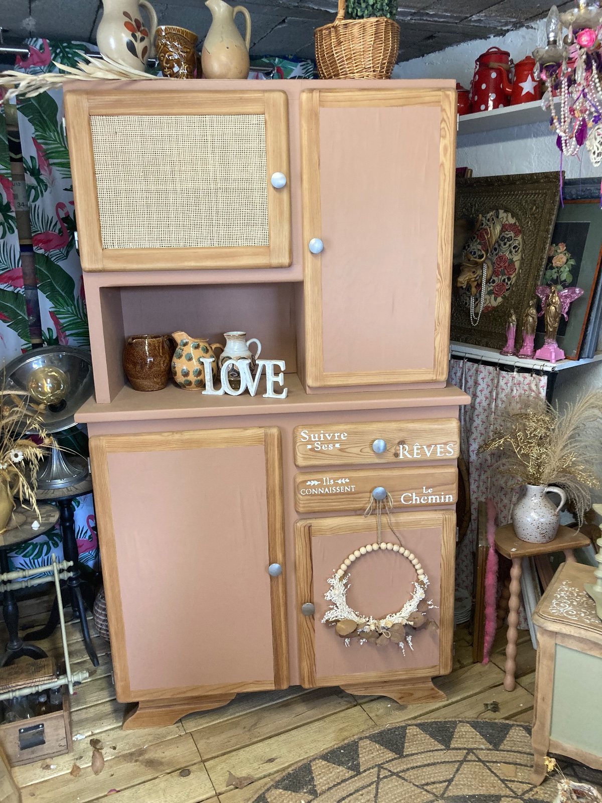 Buffet MADO  BOHEME terracotta rotin  meuble vintage relooke en bois massif