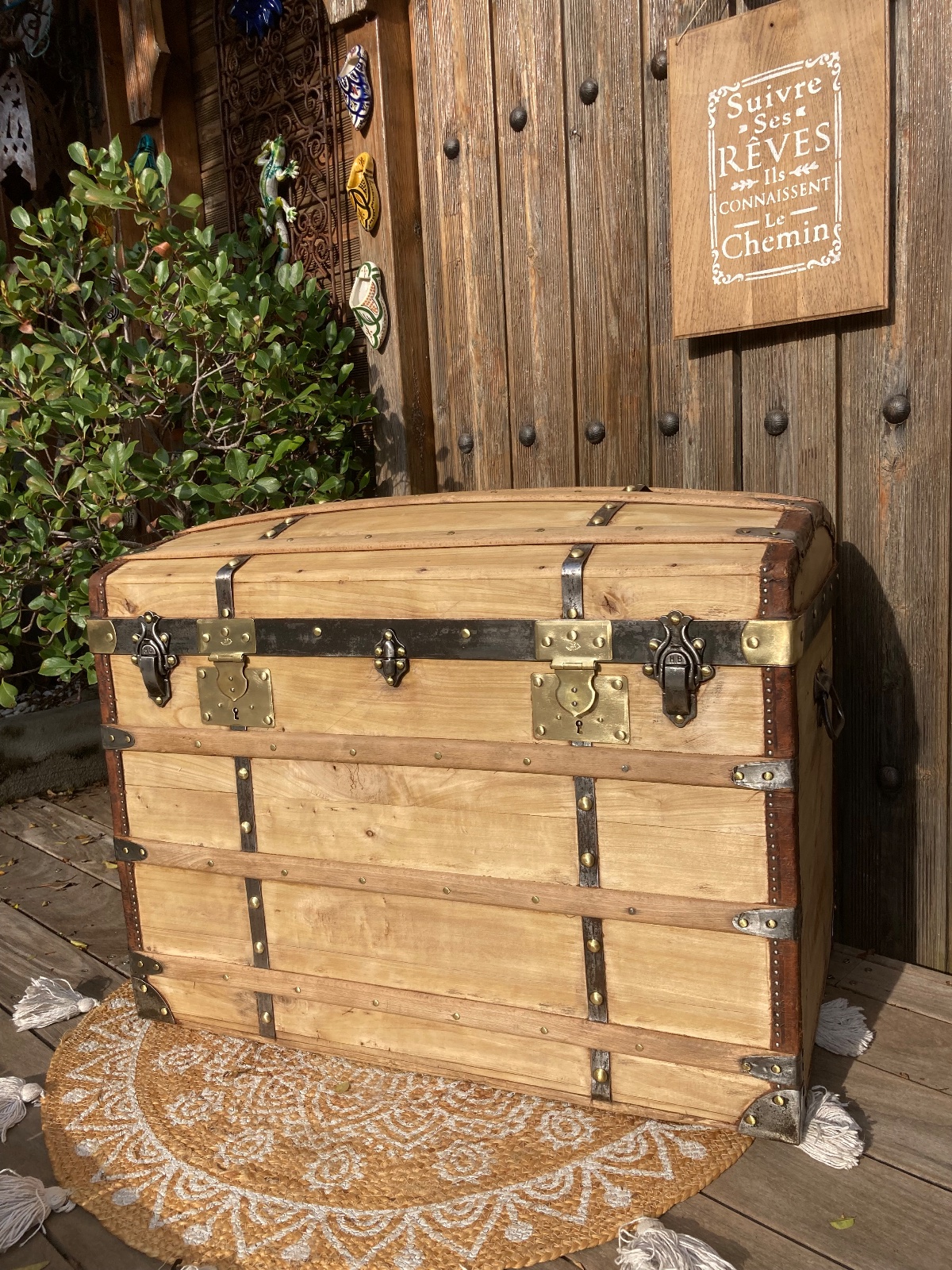 Malle ancienne cuir/ laiton top qualité  meuble vintage relooke en bois massif