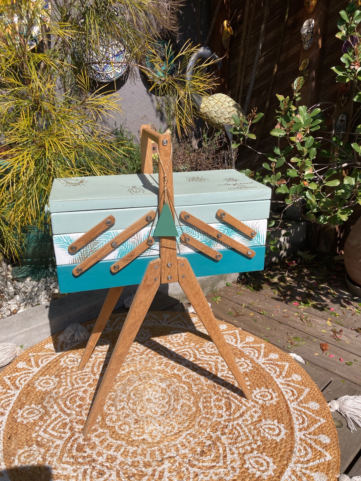 Travailleuse style jungle Boheme / pieds compas  meuble vintage relooke style artisanal