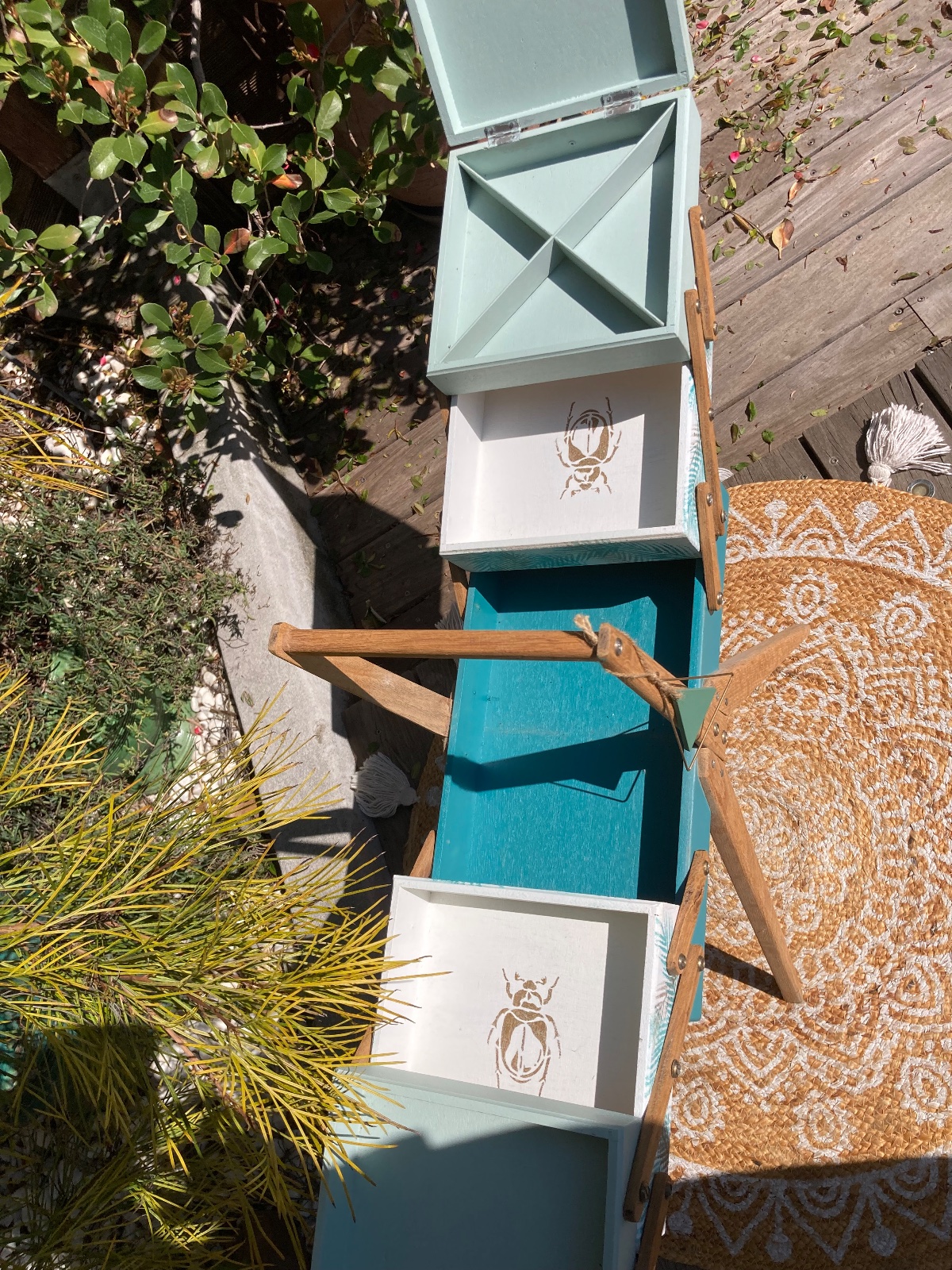 Travailleuse style jungle Boheme / pieds compas  meuble vintage relooke en bois massif