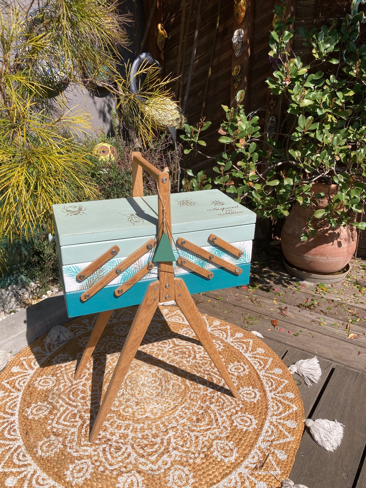 Travailleuse style jungle Boheme / pieds compas  meuble vintage relooke en bois massif