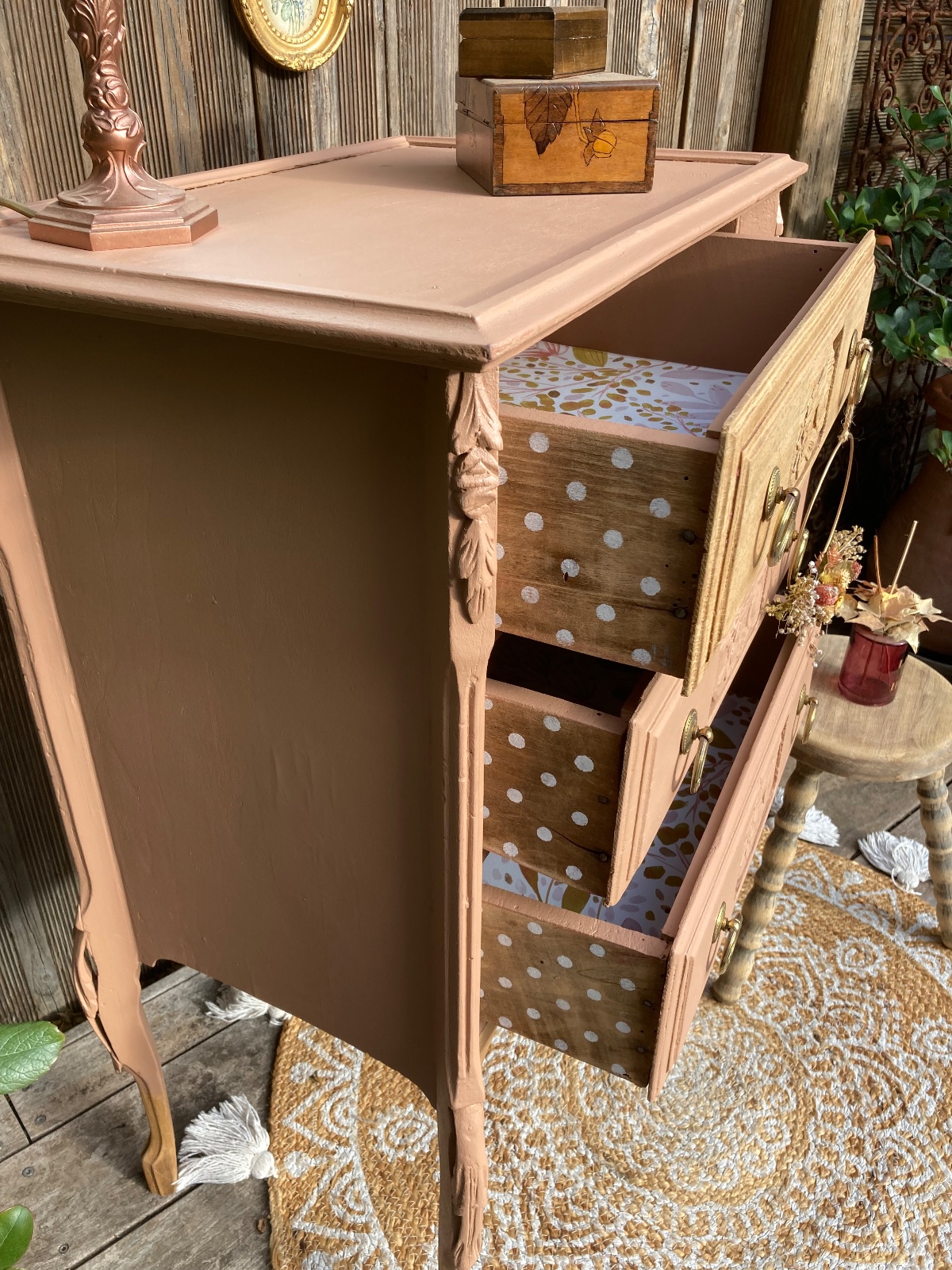 Chiffonnier coiffeuse ART DÉCO TERRACOTTA  meuble vintage relooke en bois massif