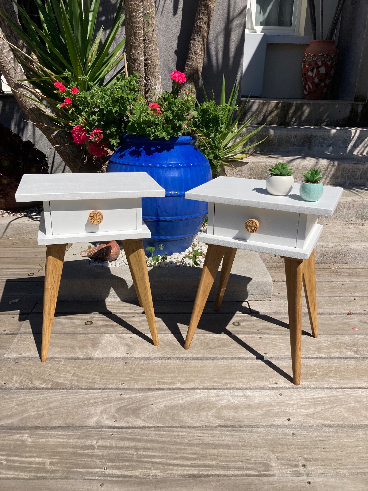 Incroyable duo de chevets vintage pieds compas XL meuble vintage relooke style artisanal