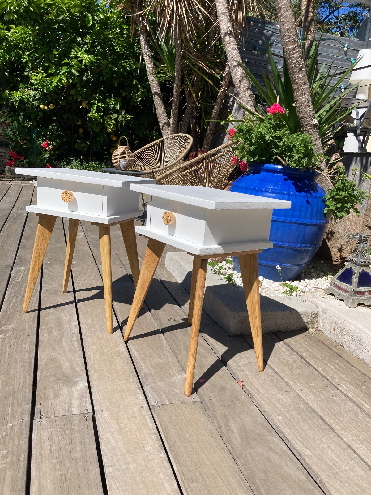 Incroyable duo de chevets vintage pieds compas XL meuble vintage relooke en bois massif