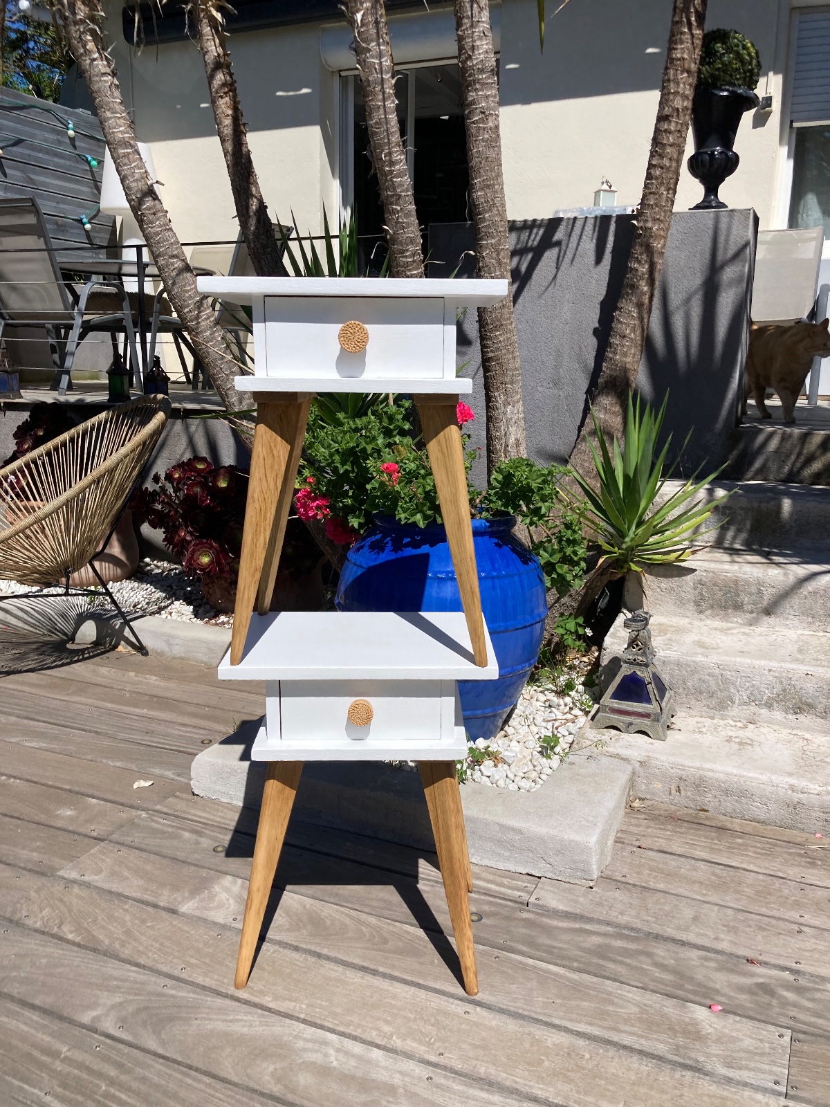 Incroyable duo de chevets vintage pieds compas XL meuble vintage relooke en bois massif
