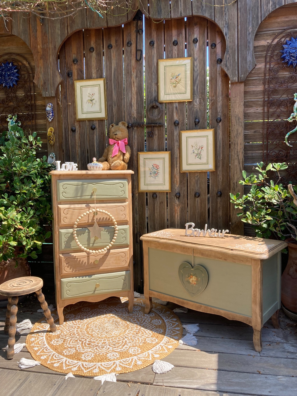 Chiffonnier Boheme kaki/bois  / boutons dorés ) meuble vintage relooke en bois massif