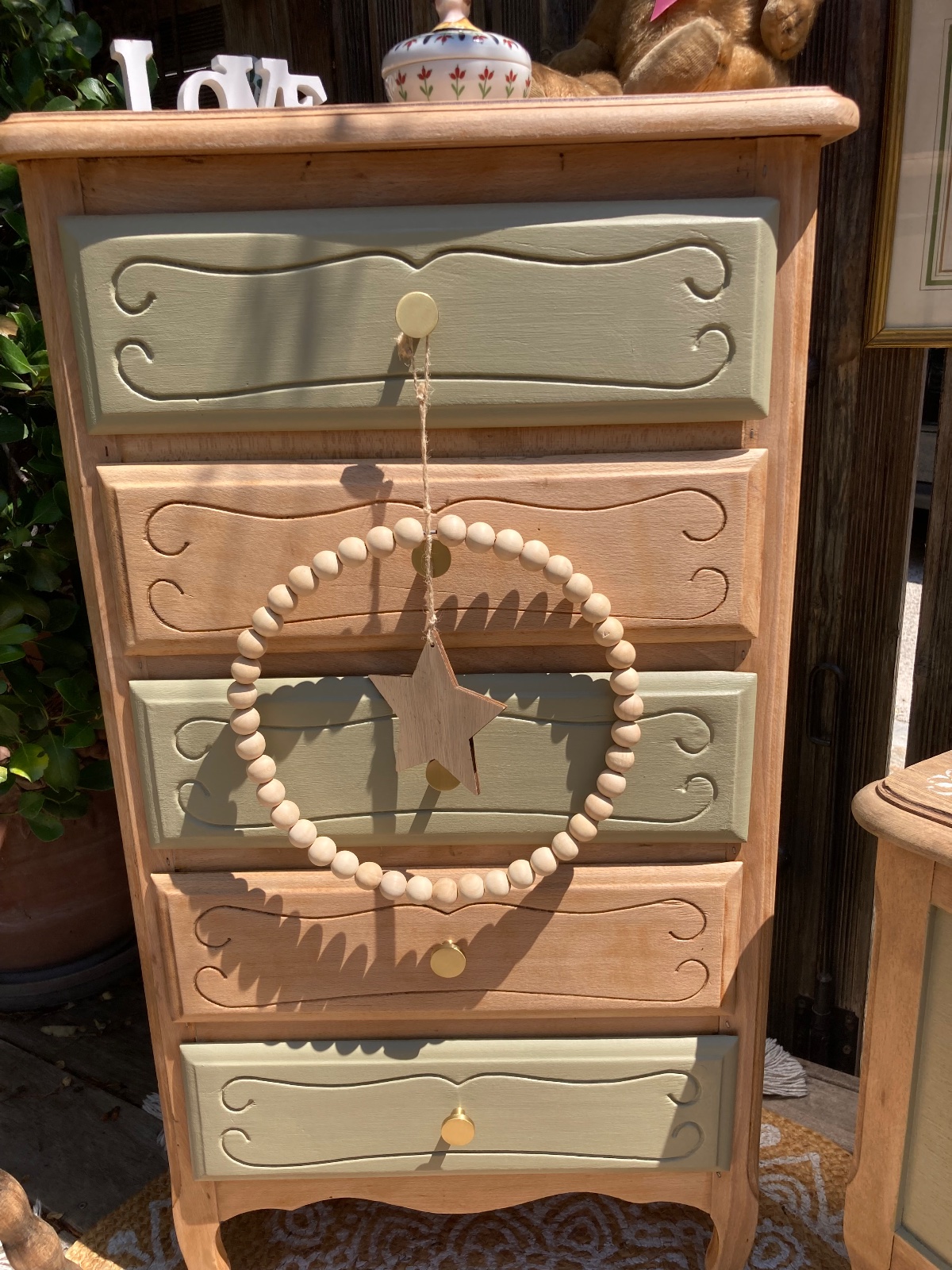 Chiffonnier Boheme kaki/bois  / boutons dorés ) meuble vintage relooke style artisanal