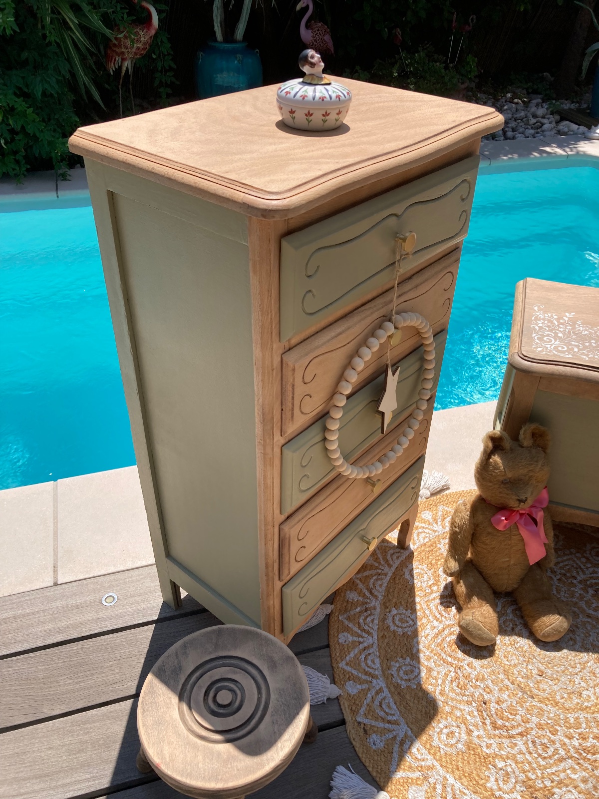 Chiffonnier Boheme kaki/bois  / boutons dorés ) meuble vintage relooke en bois massif