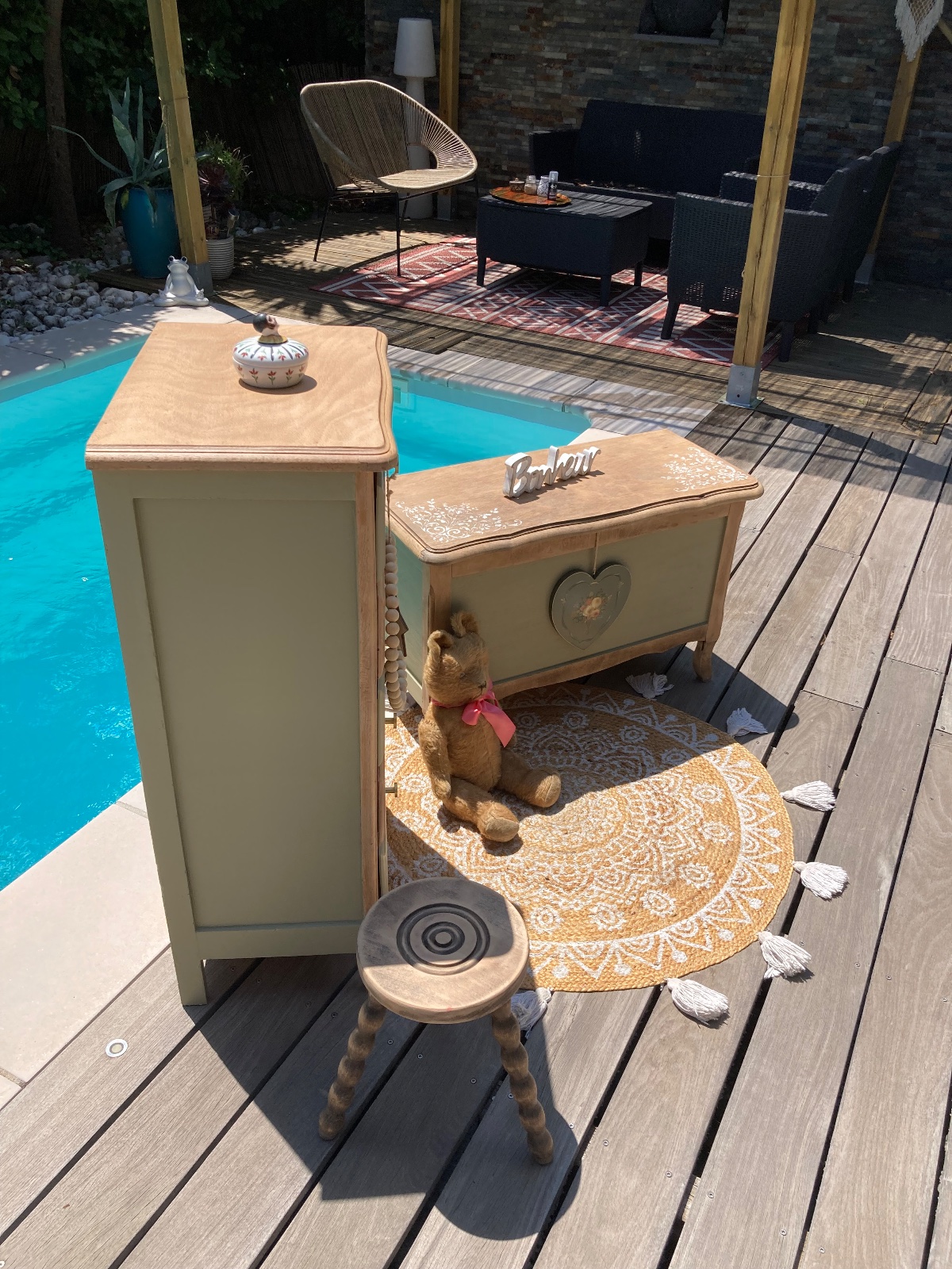 Chiffonnier Boheme kaki/bois  / boutons dorés ) meuble vintage relooke en bois massif