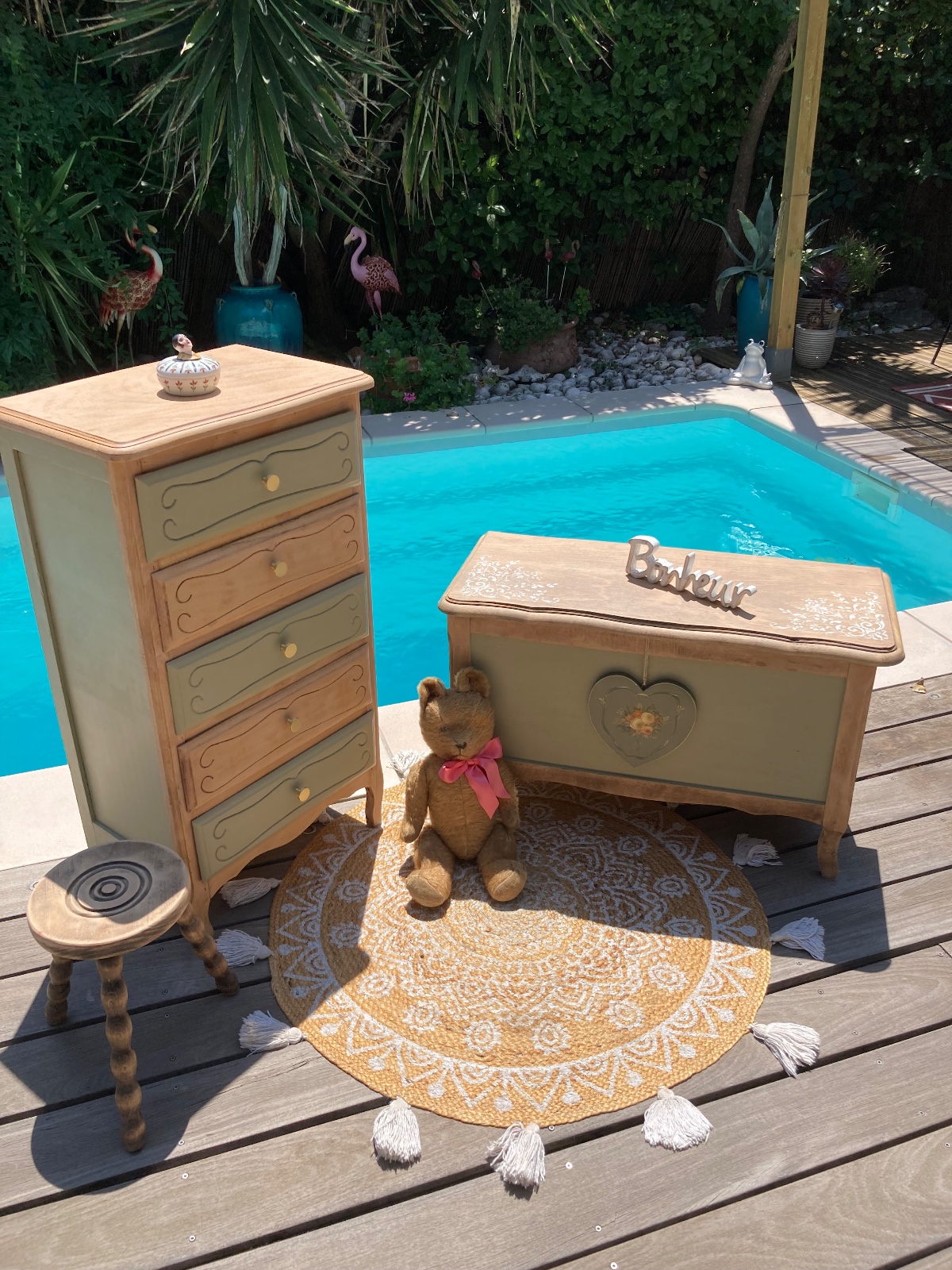 Chiffonnier Boheme kaki/bois  / boutons dorés ) meuble vintage relooke en bois massif